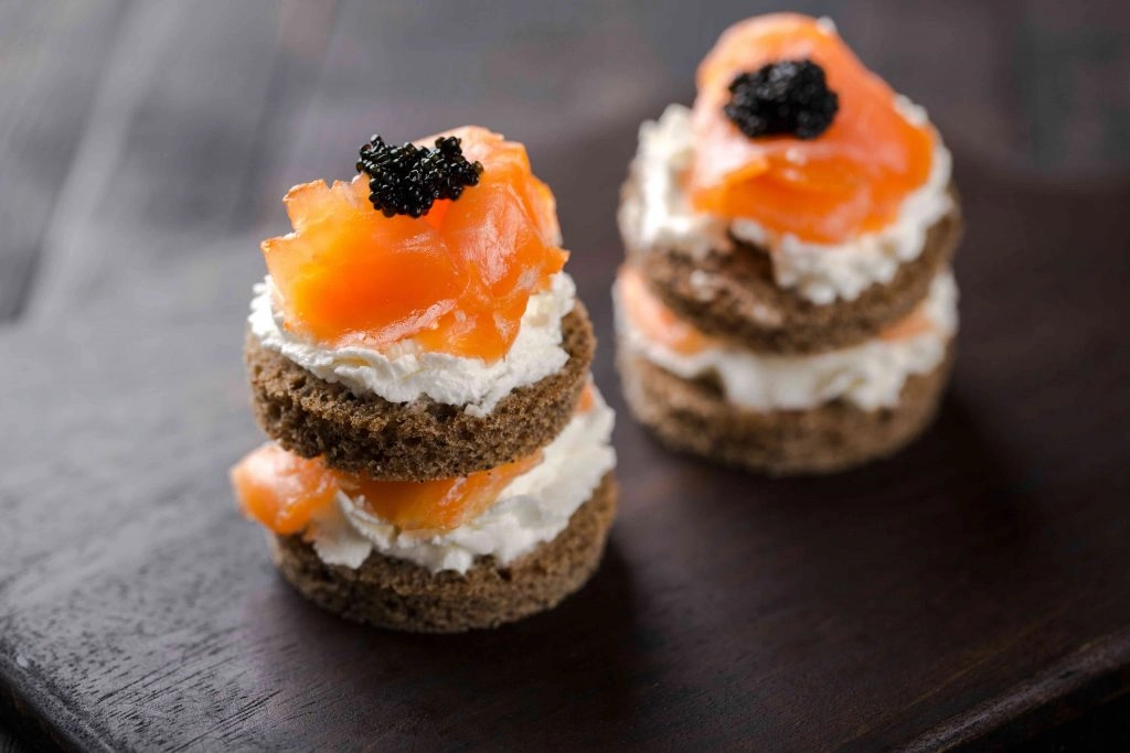 Salmon and cream cheese canopes.