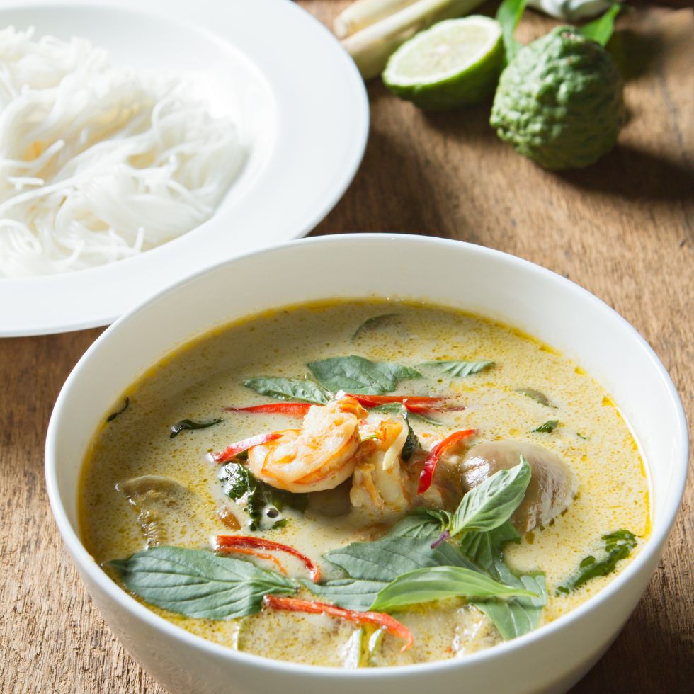 Green Curry with Shrimo and Rice Noodles Thai Cuisine. Kang Keaw Wan Selective Focus