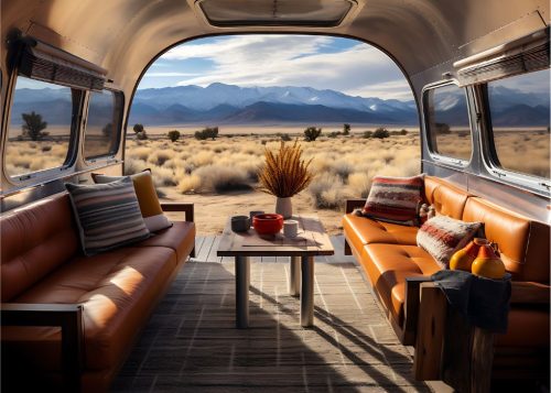 A Vintage Airstream Trailer with a Compact and Convertible Sofa Set for a Mobile and Stylish Living Space