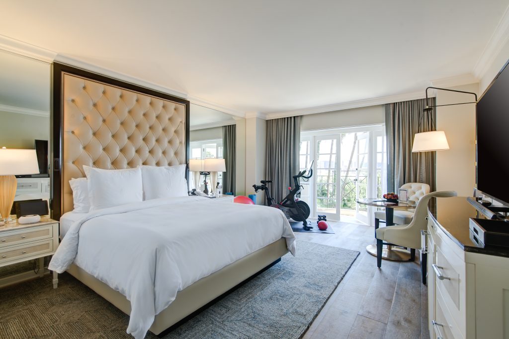 The Wellness Floor rooms and suites at Four Seasons Los Angeles at Beverly Hills include fitness equipment.