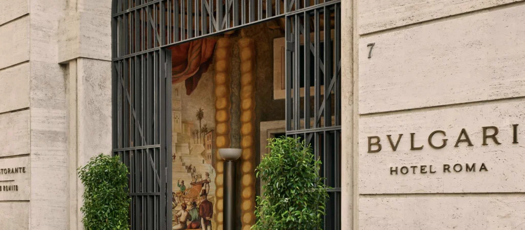 Bulgari Hotel Roma exterior entrance with BVLGARI signage luxury hotel Rome Italy Bulgari Treasure Hunt Rome